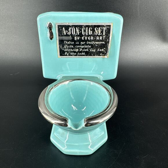 Vintage Ceramic Blue A-Jon Toilet Cig Set Ashtray Wall Mounted Kitschy Bathroom - Picture 1 of 13